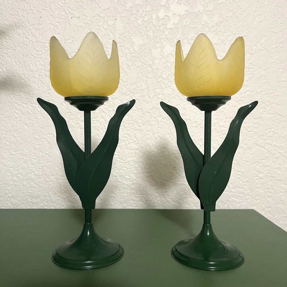 Vintage 90s Frosted Glass Yellow Tulip Candle Holders - Pair